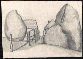 Rác András (1926-2013): Szentendre környéki dombos táj (kétoldalas mű, hátoldalán utcarészlet). Ceru...