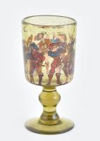 Német hutaüveg boros pohár, matricás mulatság díszítménnyel, hibátlan, m: 16,5 cm