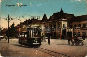 1915 Nagyvárad, Oradea; pályaudvar, vasútállomás, villamos / railway station, tram (Rb)