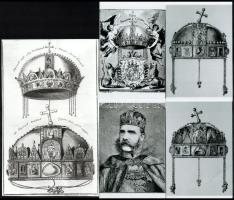 A magyar Szent Korona ábrázolása különböző időkből és különféle technikákkal (rajz, metszet, fotó), de mind fotópapíron, 8 db modern nagyítás, 24x14,8 cm és 9x14 cm között