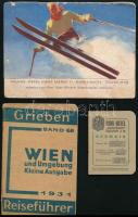 cca 1930 3 db idegenforgalmi prospektus, igazolvány és könyv: Grieben Reiseführer Wien, 1931, sérült, hiányos; Ausztria illusztrált prospektus, foltos; Park-Hotel Kaiserhof, Frankfurt a.M., igazolvány