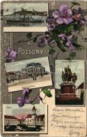 1906 Pozsony, Pressburg, Bratislava; Fő tér, Városi színház, ingahajó, Mária Terézia szobor. Szecessziós virágos montázs / main square, theatre, ship, statue. Art Nouveau, floral montage (ázott / wet damage)