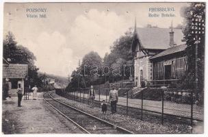 1910 Pozsony, Pressburg, Bratislava; Vörös híd, Vöröshíd vasútállomás a 28-as számú bakterházzal / Rothe Brücke / Zelezná Studienka railway station (lyukak / pinholes)