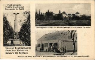 1912 Fehéregyháza, Albesti, Weisskirch, Ferihaz; Petőfi síremléke, Haller kastély, Mühsam Frigyes üzlete / monument, castle, shop (EK)