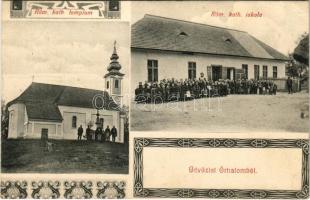 1912 Őrhalom, Római katolikus templom és iskola. Art Nouveau + "LOSONCZ - ASZÓD 236. SZ. A" vasúti mozgóposta bélyegző (EK)