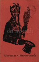 1922 Üdvözlet a Krampusstól. Krampusz virgáccsal és kalappal / Krampus with birch and hat