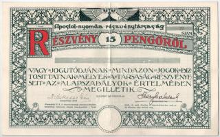 Budapest 1927. Apostol-Nyomda Részvénytársaság részvénye 15P-ről, szelvényekkel, szárazpecséttel T:III