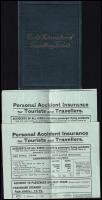 cca 1920 2 Thomas Cook & Son utasbiztosítási szórólap, korabeli egész vászon kötésű, aranyozott, Cooks International Travelling Tickets feliratos borítóban