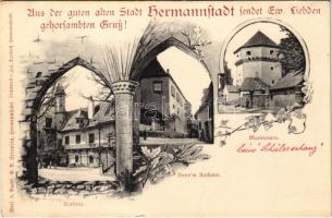 Nagyszeben, Hermannstadt, Sibiu; Rathaus, Unter'm Rathaus, Marienturm / Városháza, Mária-torony / town hall, tower. Art Nouveau, floral (fa)