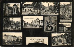 1911 Gyulafehérvár, Karlsburg, Alba Iulia;Cs. és kir. gyalogsági laktanya, Custozza szobor, Lozenau emlékmű, Károly-kapu a várban, K.u.K. katonák, Törvényszék, Újkapu, Tiszti pavilon, Tüzérlaktanya. Petri F. Vilmos kiadása / K.u.K. military infantry and artillery barracks, monuments, castle gates, K.u.K. soldiers, court, officers pavilion (EK)