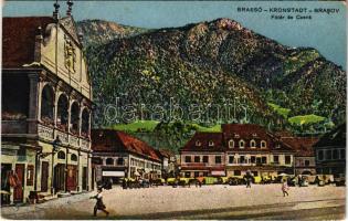 1918 Brassó, Kronstadt, Brasov; Fő tér és Cenk, üzletek, piac. Vasúti levelezőlapárusítás / main square, shops, market, mountain + K.u.K. 1. Armeekommando Quartiermeisterabteilung (EB)