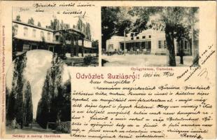 1901 Buziásfürdő, Baile Buzias; Gyógyterem, bazár, sétány a meleg fürdőhöz. Kossak József udvari fényképész kiadása / Cursalon / spa, bath, bazaar, promenade (Rb)