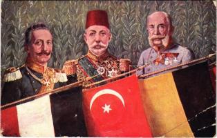 1915 WWI German and Austro-Hungarian K.u.K. military, Central Powers propaganda with Wilhelm II, Franz Joseph I of Austria, Mehmed V and flags. B.K.W.I. 752-44. (b)