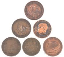 6 darabos bronz emlékérem tétel, közte Budapesti Műszaki Egyetem, Dr. Puky Árpád, Reformatorum Debrecensis, Zirc 1982, Pólya György (42mm) T:1-