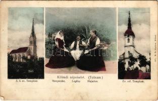 1910 Kölesd, Evangélikus templom, Református templom, Kölesdi népviselet (Tolna megye), Menyecske - legény - hajadon. K.D. 357. (fl)