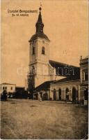 1909 Beregszász, Beregovo, Berehove; Református templom, Hausman üzlete, liszt raktár. W.L. 1951. a. / Calvinist church, shops (EK)