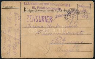 1916 K.u.K. Infanterieregiment Erzherzog Karl Nr. 3. 15. Feldkompagnie tábori posta levelezőlap, kézzel rajzolt húsvéti üdvözlettel, cenzúra bélyegzéssel