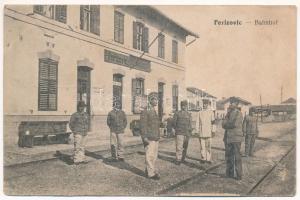1917 Ferizaj, Ferizovic, Urosevac; Bahnhof / railway station, K.u.k. soldiers (wet damage)