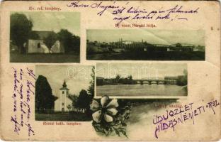 1909 Hidasnémeti, református és római katolikus templom, Lánczy vámhíd, Új vasúti Hernád híd (fa)