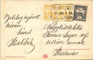 1911 Szamossályi (Fehérgyarmat), Református templom és iskola + "POSTAI ÜGYN." (EK)