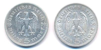 Német Harmadik Birodalom 1936A 5M Ag "Hindenburg" (2x) T:2 German Third Reich 1936A 5 Mark...