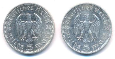 Német Harmadik Birodalom 1936A 5M Ag "Hindenburg" (2x) T:2 German Third Reich 1936A 5 Mark...