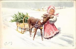 Kislány karácsonyi őzikével / Girl with Christmas deer. B.K.W.I. 2933-5. s: K. Feiertag