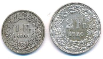 Svájc 1906B 1Fr Ag + 1920B 2Fr Ag T:2- patina, ph. Switzerland 1906B 1 Franc Ag + 1920B 2 Francs Ag C:VF patina, edge error