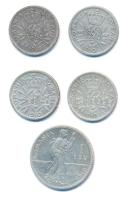 Románia 1910-1914. 50b Ag "I. Károly" (4x) + 1910. 1L Ag "I. Károly" T:3 patina
...