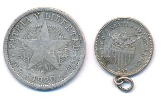 Fülöp-szigetek / Amerikai Egyesült Államok Közigazgatás 1907 20c Ag medálnak átalakítva + Kuba 1920....