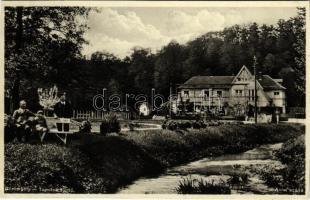 1933 Miskolctapolca, Görömbölytapolca, Görömbölyi-Tapolca, Tapolca (Miskolc); Anna szálló, pad kárpitos reklámmal (vágott / cut)