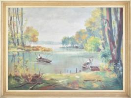 Gáspár Péter (1929-?), felvidéki magyar festő: Halászok a vízen. Olaj, vászon. Hátoldalán jelzett. Dekoratív fakeretben. 72×99 cm. KIZÁRÓLAG SZEMÉLYES ÁTVÉTEL, NEM POSTÁZZUK! / ONLY PERSONAL COLLECTION AT OUR OFFICE!