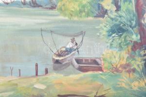 Gáspár Péter (1929-?), felvidéki magyar festő: Halászok a vízen. Olaj, vászon. Hátoldalán jelzett. D...