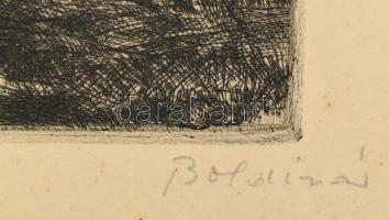 Boldizsár István (1897-1984): Faluvége. Rézkarc, papír, jelzett. Kartonra kasírozva. Néhány apró fol...