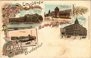 1899 (Vorläufer) Budapest, Királyi vár és várbazár, Margit fürdő, Nemzeti szíház, Lánchíd. Verlag & Druck Kunstasntalt Rosenblatt Art Nouveau, floral, litho (Rb)