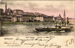 1902 Budapest I. Buda látképe, Királyi vár, "SALZACH" oldalkerekes vontató gőzhajó. Ganz Antal kiadása (EK)