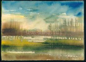 Lengyel jelzéssel, 2 db mű: Vízparti táj (Duna?). Akvarell, papír. 18×25,5 cm