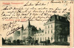 1899 Temesvár, Timisoara; Józsefváros, vasúti indóház, vasútállomás, lovaskocsik. Kossak József fényképész / Iosefin railway station (EB)