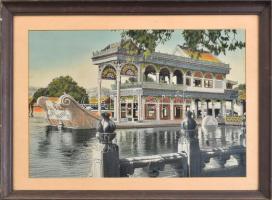 Pekingi Márványhajó, szőtt vászon, XX. sz. második fele, üvegezett fakeretben, 25x37 cm / Marble Boat, Beijing, China, canvas picture, 2nd half of the 20th century, framed
