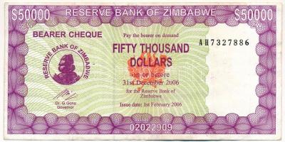 Zimbabwe 2006. 50.000D "Reserve Bank of Zimbabwe", "AH 7327886" T:III folt, kis szakadás Zimbabwe 2006. 50.000 Dollars "Reserve Bank of Zimbabwe", "AH 7327886" C:F spot, small tear Krause P#30