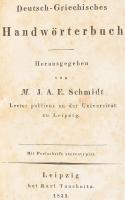 Schmidt, J. A. E.: Deutsch-Griechisches Handwörterbuch. (Német-görög kéziszótár). Leipzig, 1932, Karl Tauchnitz, (6)+786 p. Átkötött félvászon-kötésben, néhány lap kissé sérült, foltos.
