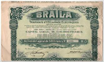 Belgium 1929. "Braila Tramways et Eclairage Electriques" részvénye 500Fr-ról, szelvényekkel, bélyegzésekkel T:II- szakadások Belgium 1929. "Braila Tramways et Eclairage Electriques" share about 500 Francs with coupons and overprints C:VF tear