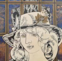 Jurcsák László (?-): Holdudvar. Vegyes technika, papír. Jelzett. Üvegezett fakeretben, 15x11 cm