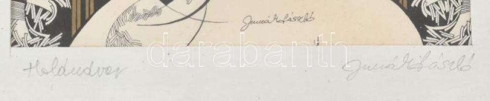 Jurcsák László (?-): Holdudvar. Vegyes technika, papír. Jelzett. Üvegezett fakeretben, 15x11 cm