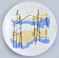 Zsolnay modern fenyős tájképes tányér, jelzett, kis kopásokkal, gyűjtői darab, d: 24,5 cm