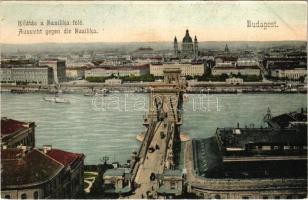 1903 Budapest, Lánchíd, Kilátás a Bazilika felé, rakpart uszályokkal (EK)