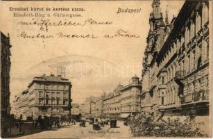 1900 Budapest VII. Erzsébet körút és Kertész utca, villamos, üzletek. Ganz Antal 6. (EK)