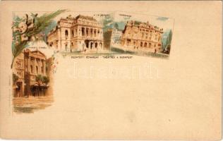 Budapest, Ezredéves Országos Kiállítás, Budapesti színházak, Nemzeti Színház, Népszínház, M. kir. Operaház. litho barna 2 Kr. Ga. s: Cserna