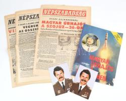 cca 1980 Farklas Bertalannal és űrhajózással kapcsolatos tétel, össz. 7 db: Népszabadság 1980. május. 27., 28., 29. és jún. 4 lapszámai, MTI jelent különkiadása (sérült); Farkas Bertalan 2 db kitüntetésekkel dekorált portréja, nyomat, karton, 15x10,5 cm.