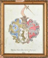 Szentmiklósi (Szentmiklóssy), felvidéki nemesi Mudrony család festett címere. Vegyes technika, papír, kissé sérült. Üvegezett, sérült fakeretben. 35,5x21 cm